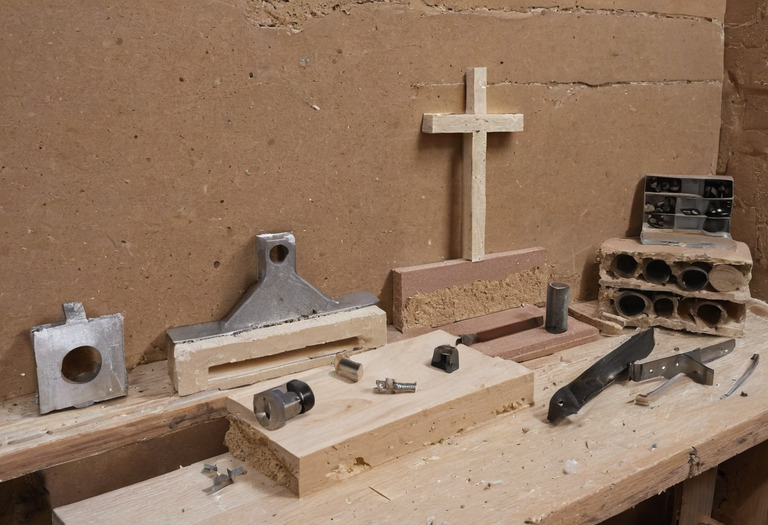 Picture hanging fixings organized beside plasterboard and masonry samples