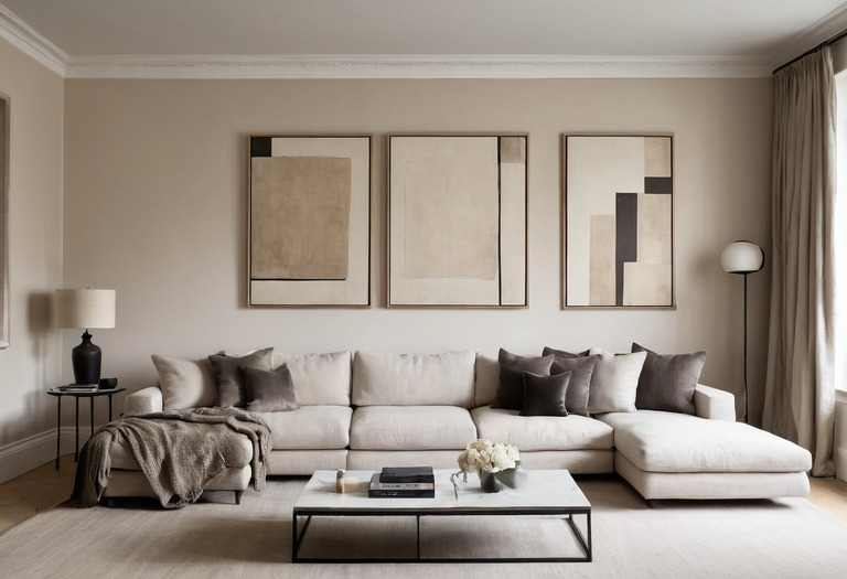 Framed artwork arranged above a low sofa with restrained ceiling lighting