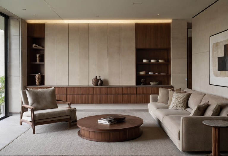 Modern living room with rounded walnut cabinetry, restrained fluting and dark metal details