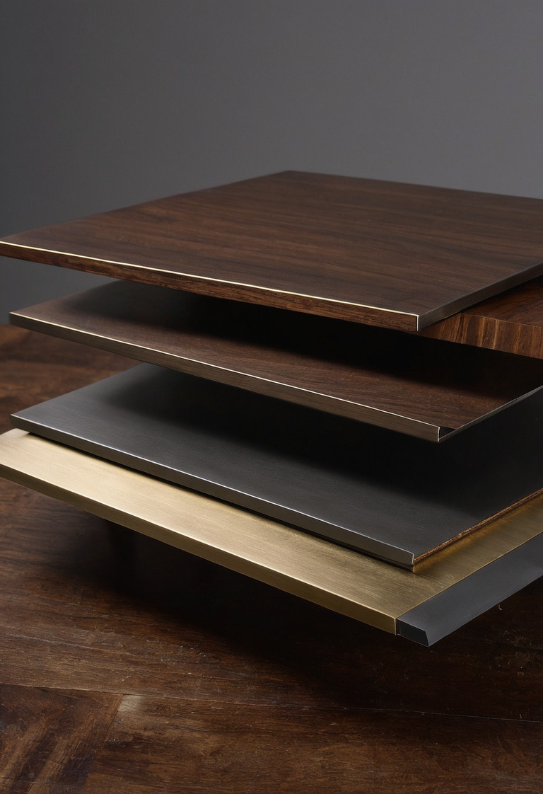 Dark nickel, satin brass and bronze-toned metal samples beside walnut veneer