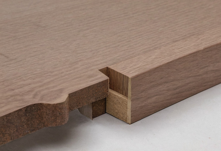 Full-size stepped joinery profile beside a rounded veneered cabinet corner