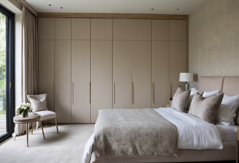 Calm bedroom with a centered upholstered bed, full-height curtains and fitted wardrobes