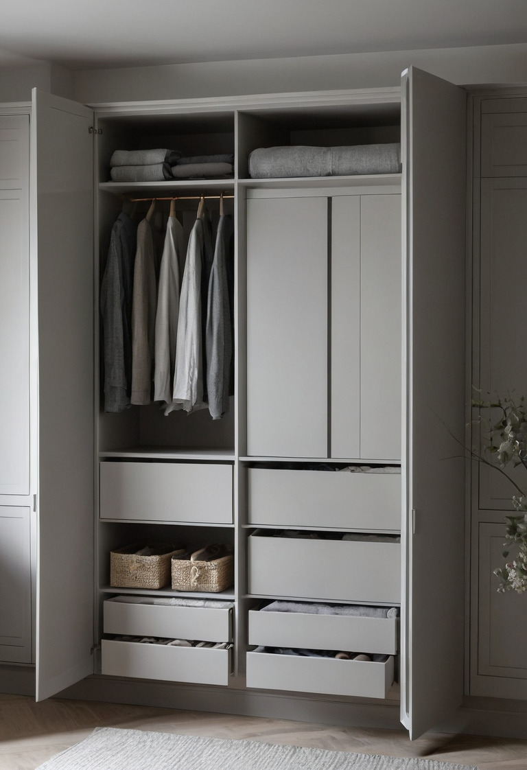 Open fitted wardrobe showing hanging clothes, folded shelves and internal drawers