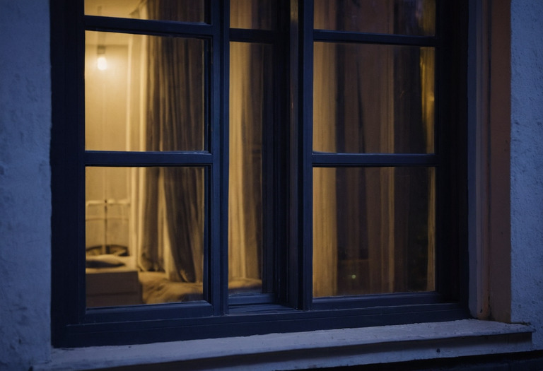 Bedroom window corner with compression seals, layered glazing and a heavy curtain