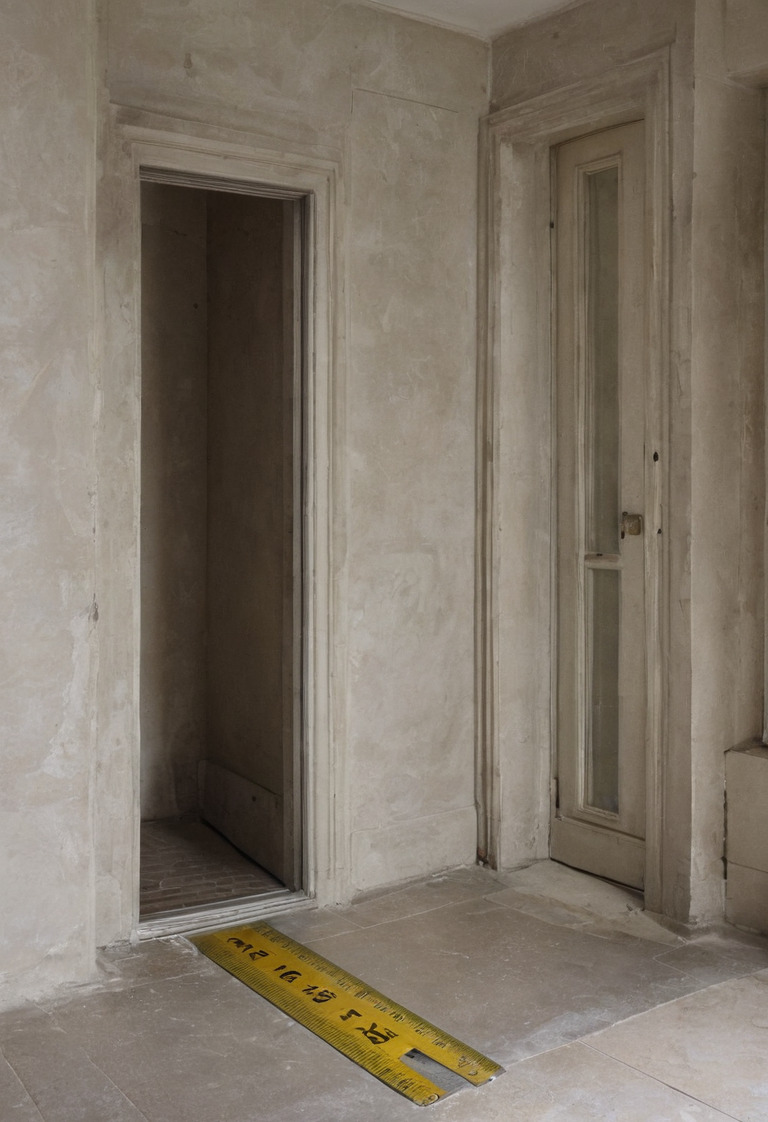 Narrow apartment entry and stair turn being checked with a tape measure before furniture delivery
