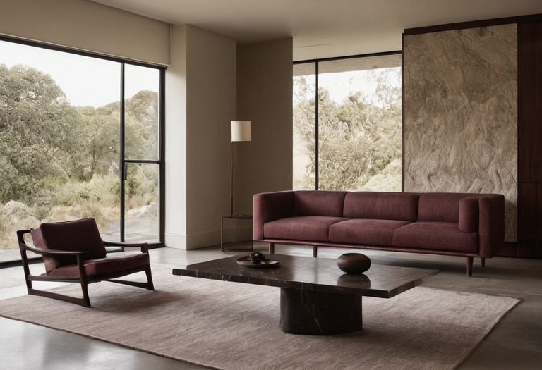Italian sofa, lounge chair, and stone table arranged in a restrained residential showroom