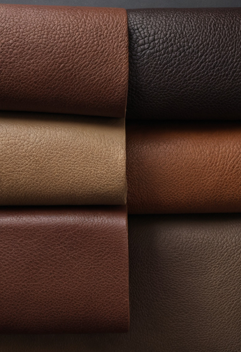 Leather upholstery swatches with visibly different grain and protective finishes