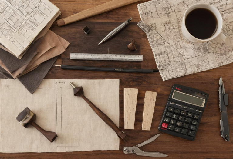 Two furniture quotations beside finish samples, dimensions, and a calculator