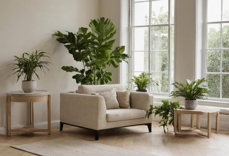 Living room with indoor plants positioned at different distances from a large window