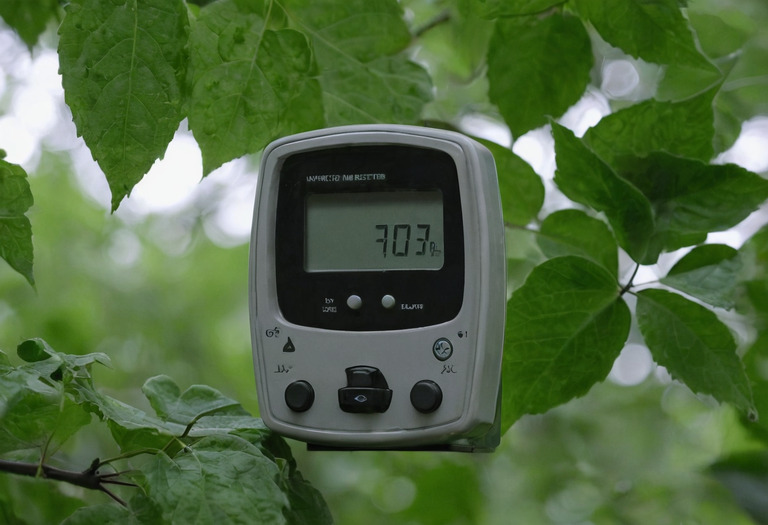 Lux meter sensor held level among the leaves of an indoor plant