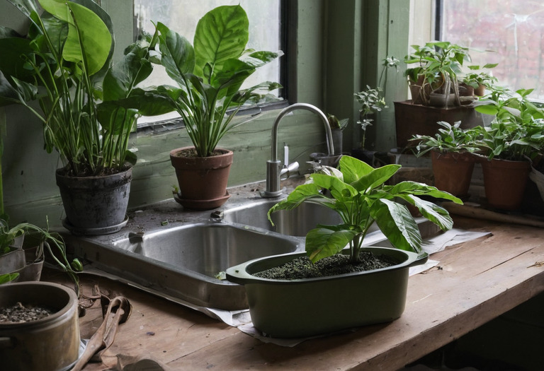Wooden moisture probe and condition log beside healthy and stressed indoor plants