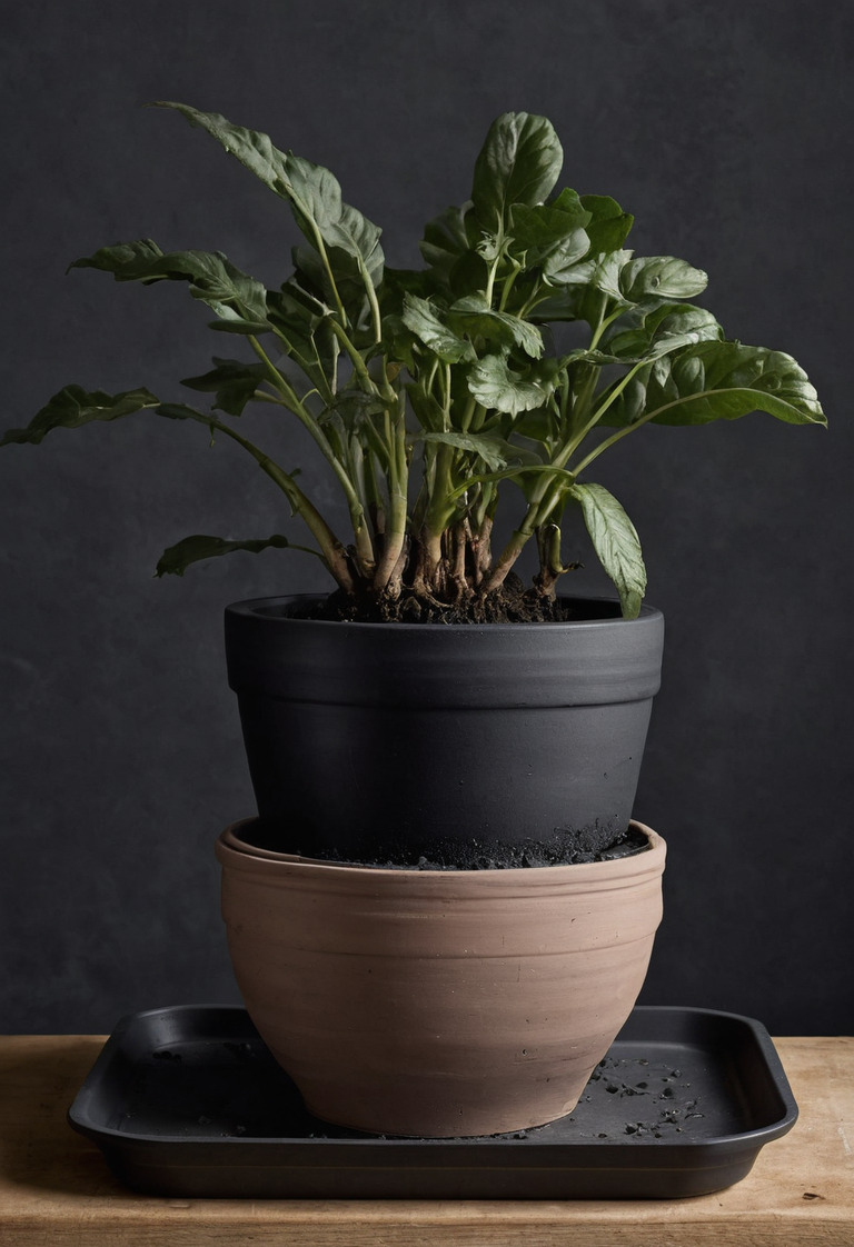 Drained nursery pot raised inside a waterproof decorative cachepot