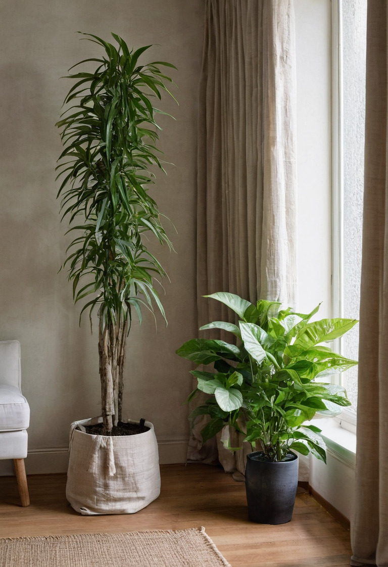 Tall indoor plant placed clear of a curtain, walkway, and floor outlet