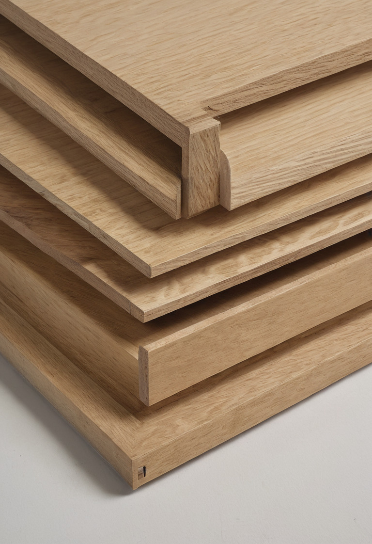 Cabinet material samples showing MDF, veneered board, plywood and solid timber edges