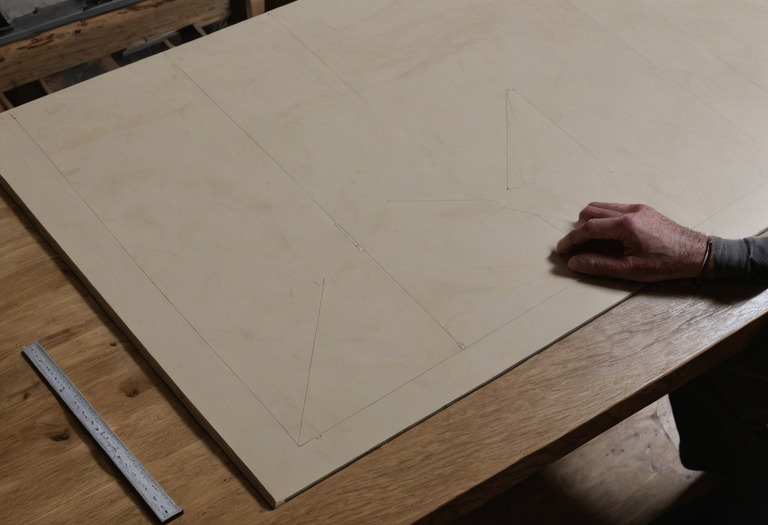 Cabinet shop drawings arranged with a hinge, veneer leaf, and metal edge sample