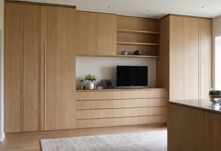 Custom oak veneer cabinetry with open doors revealing pale plywood carcasses and fitted drawers