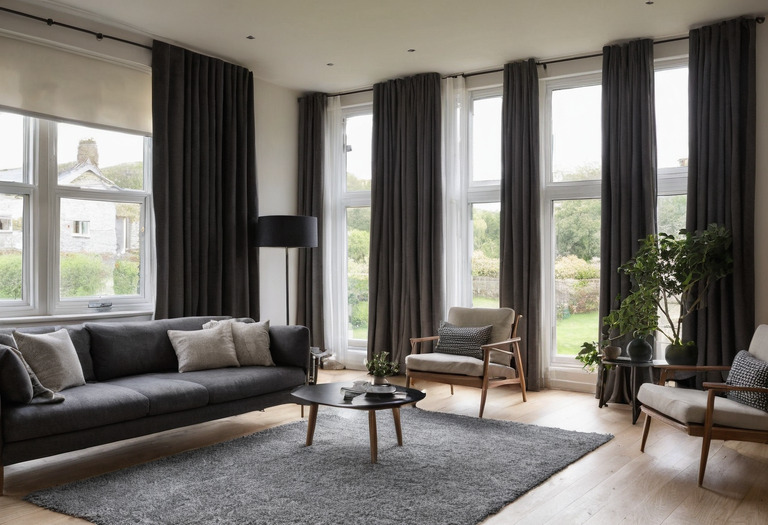 Living room window with a solar screen and lined curtains partly open