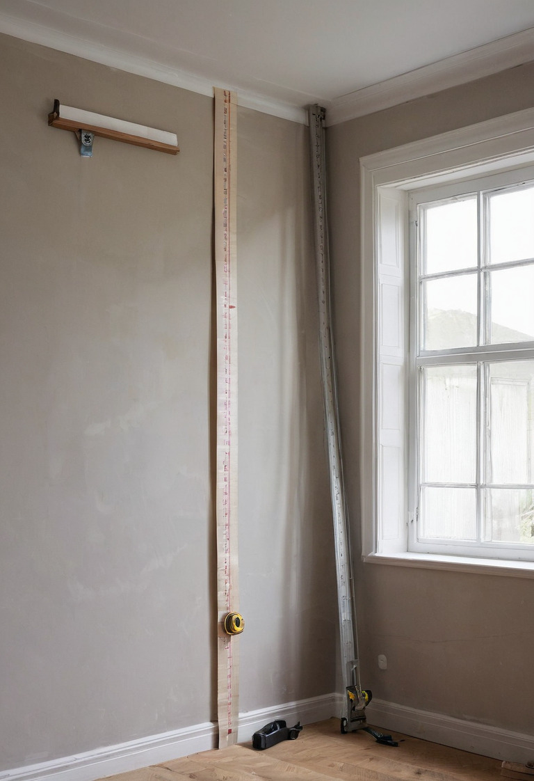 Curtain track and compressed fabric stack marked against a window wall
