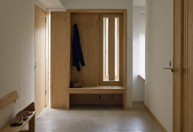 Entrance bench beside an open door with clear circulation space visible