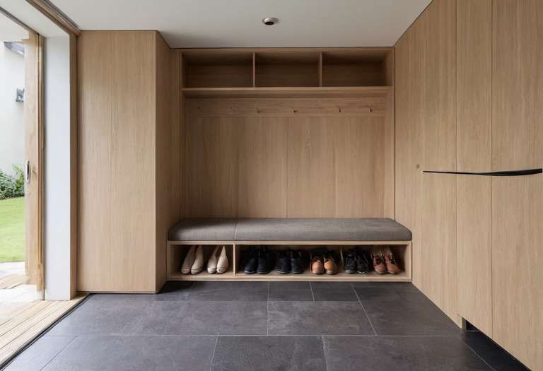 Residential entrance with a timber storage wall, upholstered bench and recessed floor mat