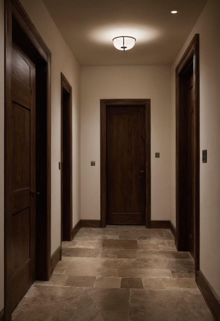 Dim hallway illuminated by shielded low-level lights and soft mirror lighting