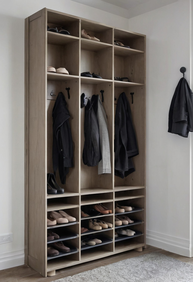 Open entrance cabinet showing adjustable shoe shelves, coat storage and removable trays