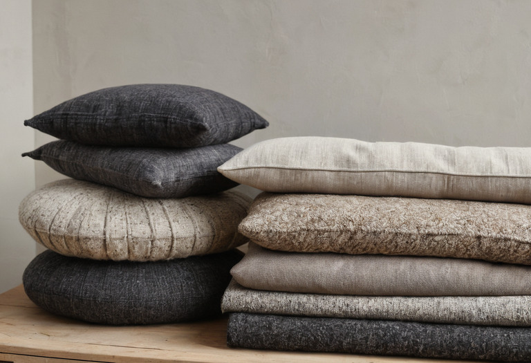 Upholstery fabric samples arranged beside a sofa cushion and technical specification sheets