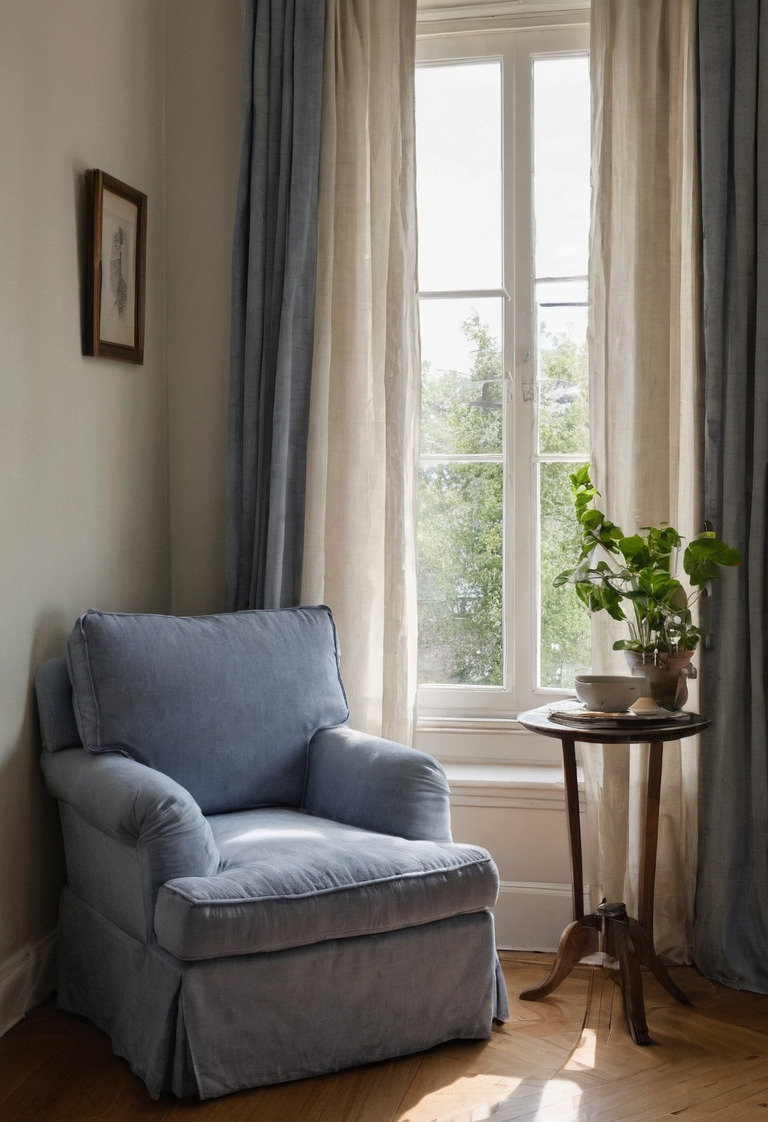 Upholstered chair beside a sunny window with part of the fabric protected from light