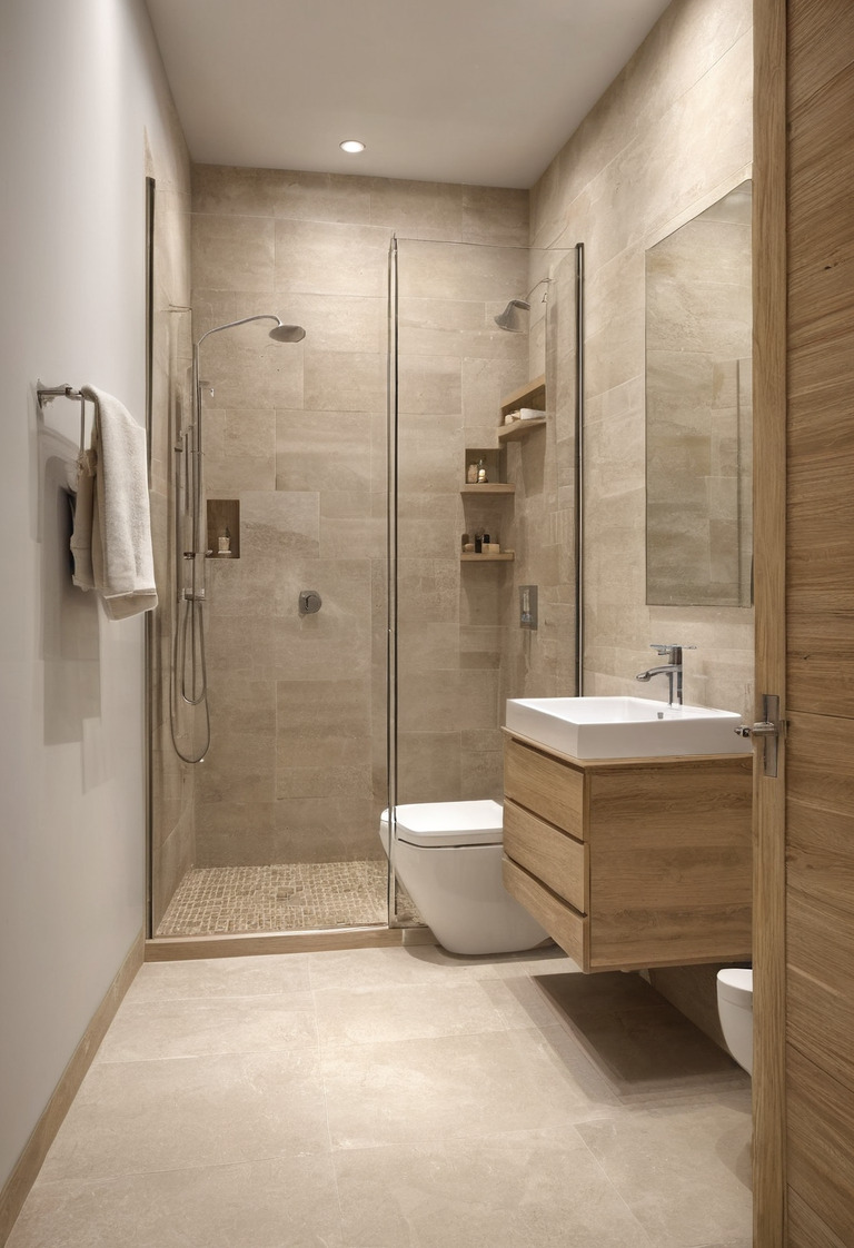 Compact bathroom showing space around a wall-mounted toilet, vanity and shower enclosure