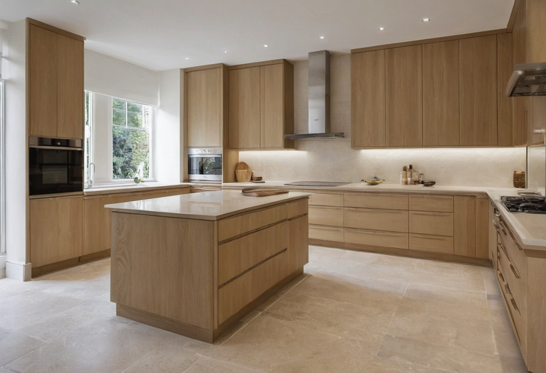 Open-plan kitchen with a measured island aisle and an adjoining bathroom doorway