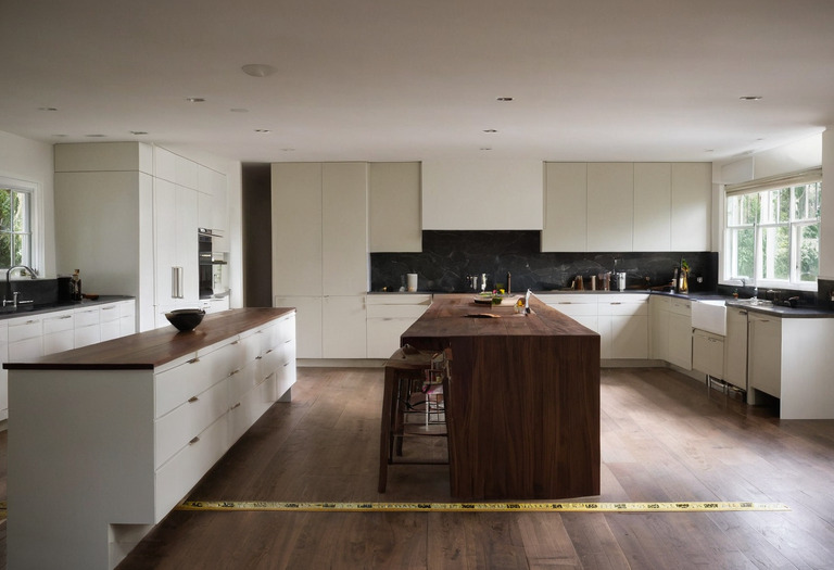 Measured kitchen aisle between a walnut island and off-white base cabinets