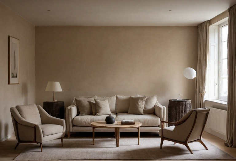 Living room showing ambient ceiling light, a reading lamp and focused artwork lighting