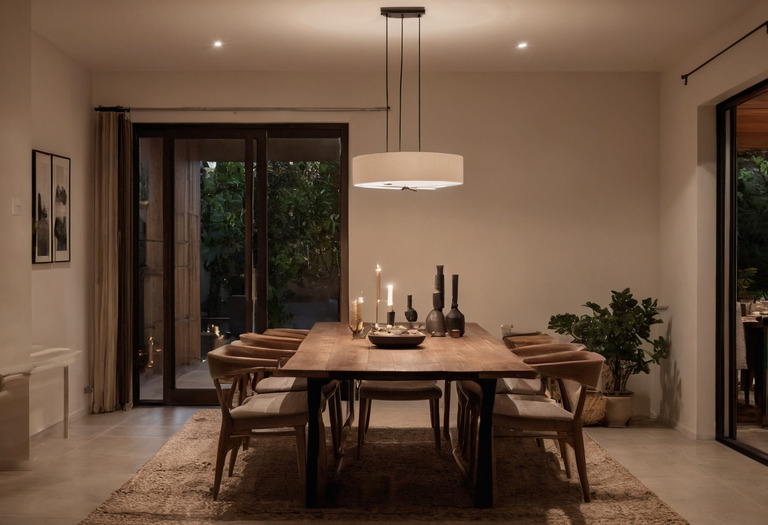 Dining and living area with distinct ambient, task and accent lighting layers