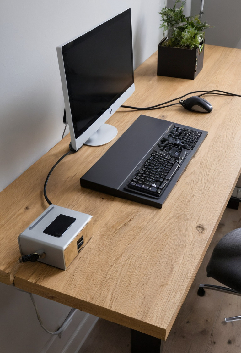 Underside of a custom desk with an accessible cable tray and power strip