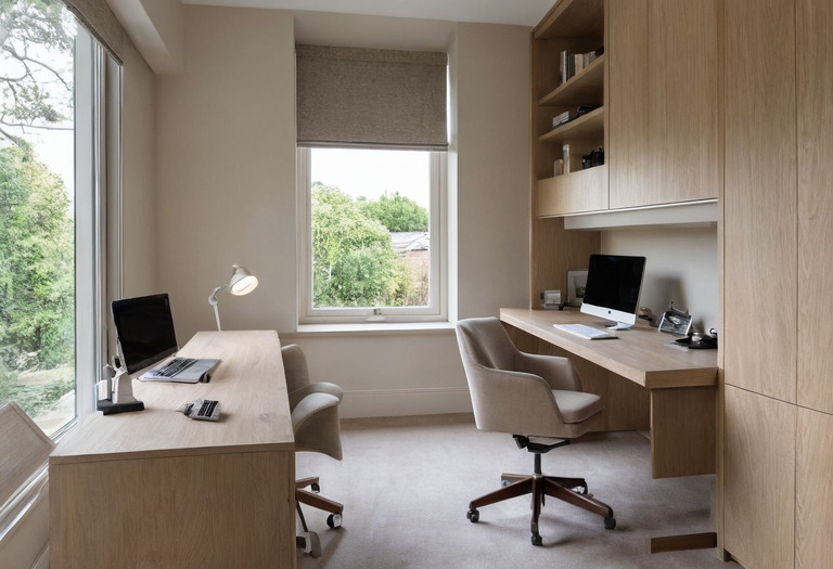 Quiet residential home office with a deep timber desk beside a shaded window