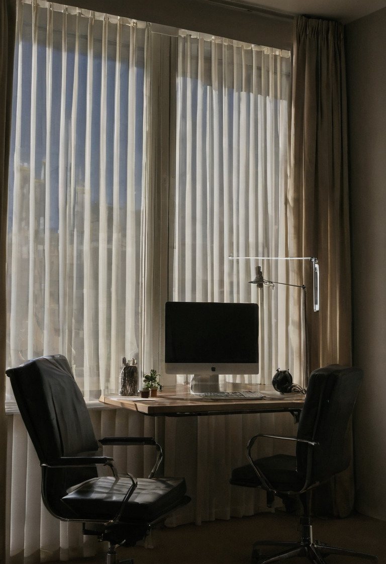 Computer desk positioned perpendicular to a side window with a translucent blind