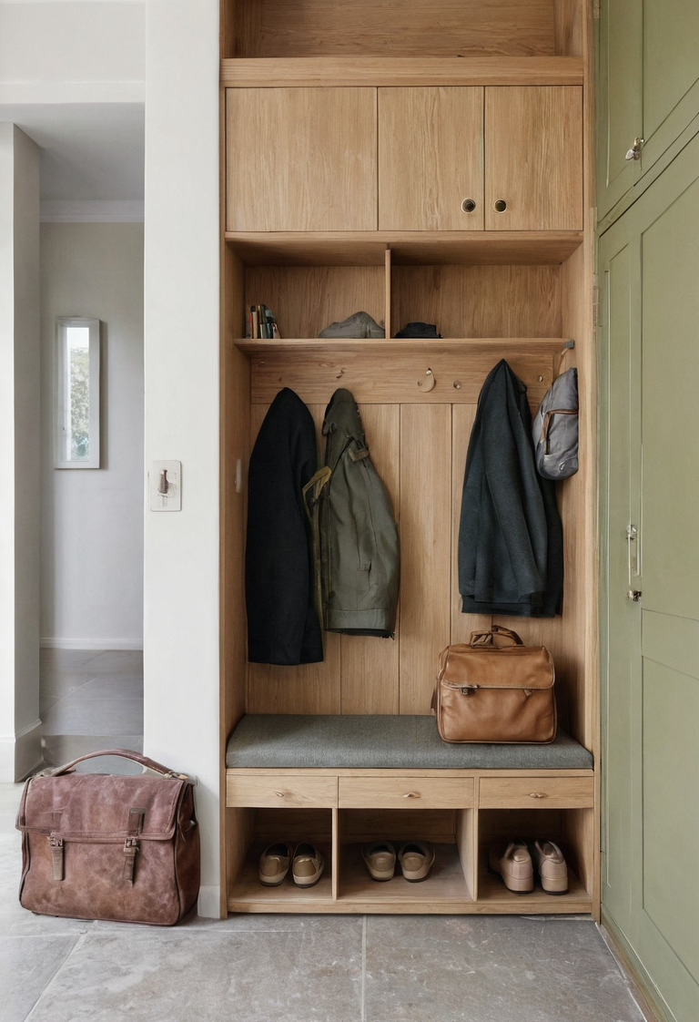 Family entrance with open landing shelf, low drawers, coat storage, and a bench