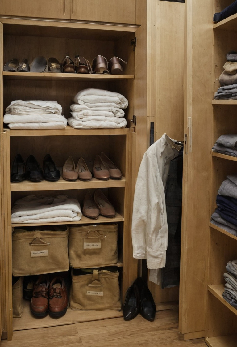 Open plywood storage measured around linens, shoes, luggage, and a vacuum cleaner