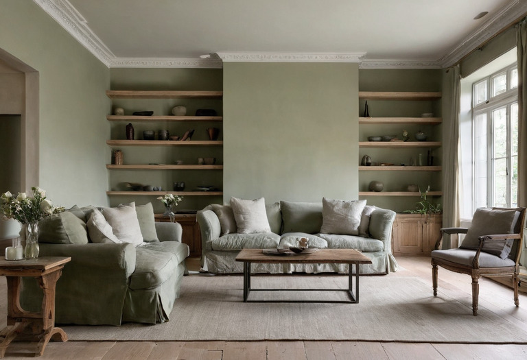 Monochrome sage living room with graduated wall, ceiling, upholstery, and timber values