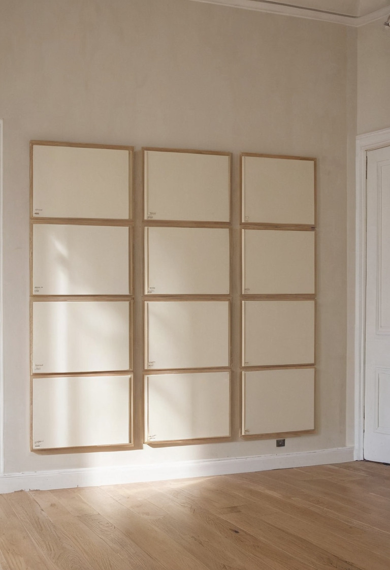 Large labeled tonal paint samples mounted together on a wall