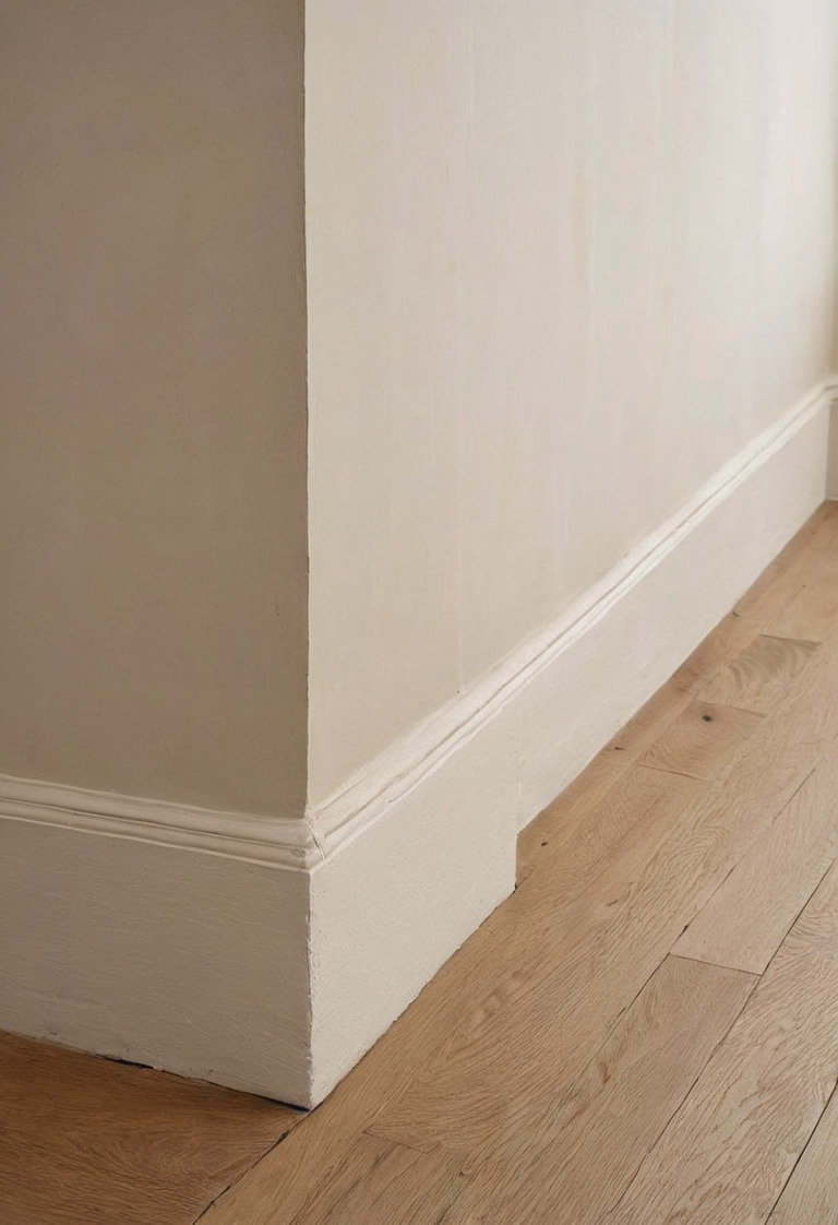 Oak, woven fabric, stone, and painted surfaces interrupting a pale monochrome scheme