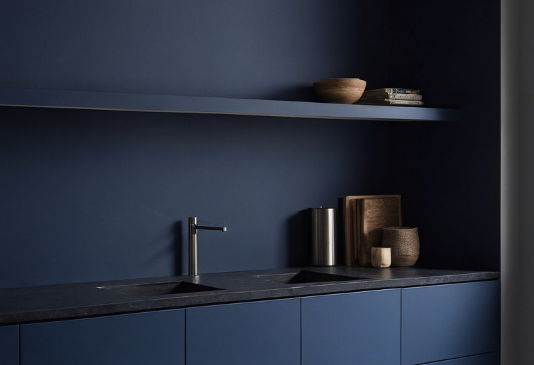 Matte wall beside low-satin painted cabinetry in the same blue hue