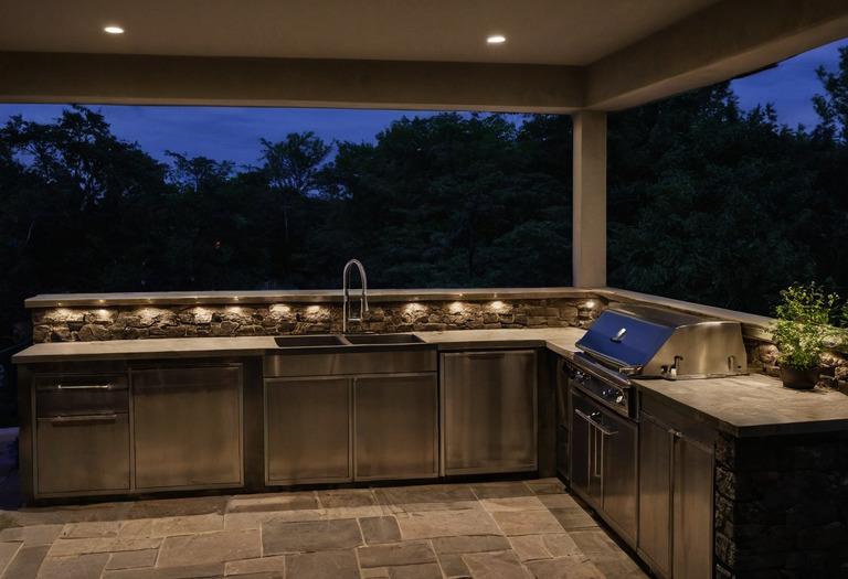 Outdoor kitchen and terrace illuminated by warm shielded task lights
