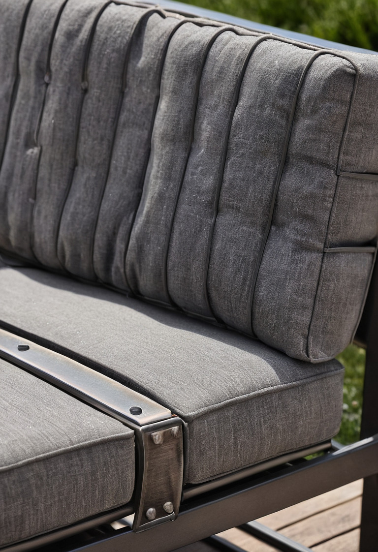 Outdoor furniture material junction showing timber, metal and draining upholstery