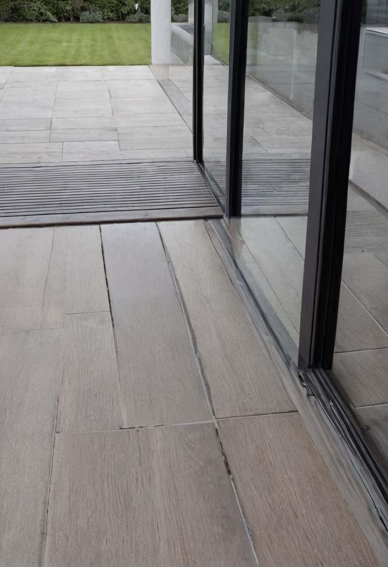 Close view of a flush sliding-door threshold and exterior channel drain
