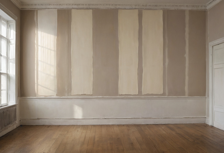 Interior wall divided into matte, eggshell, satin and gloss paint samples under side light