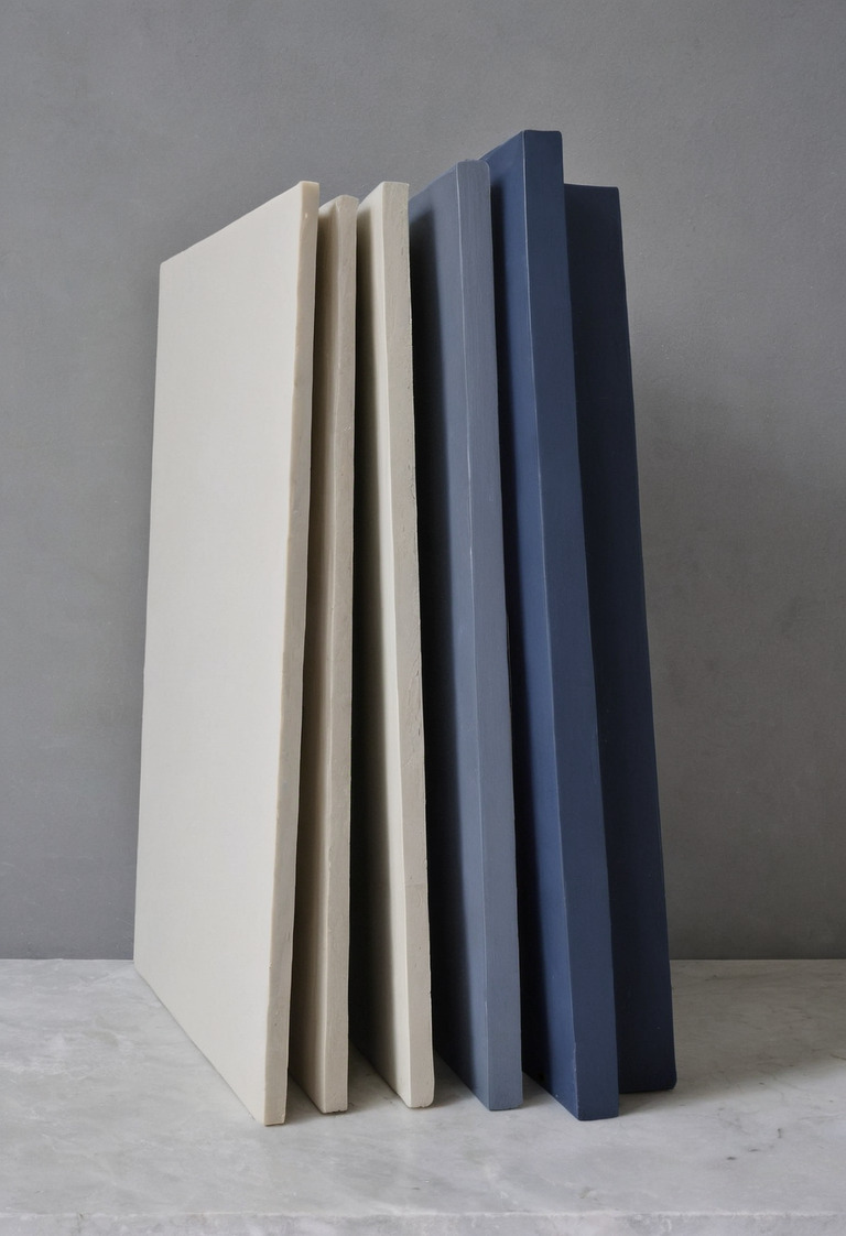 Painted sample boards tilted toward a window to compare four sheen levels