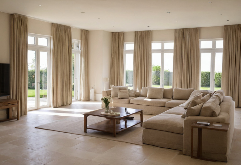 Contemporary villa living room with discreet keypads, motorized curtains and concealed ceiling sensors
