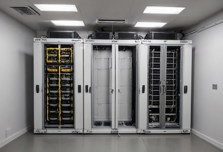 Organized villa equipment room with rack, cable trays and clear service space