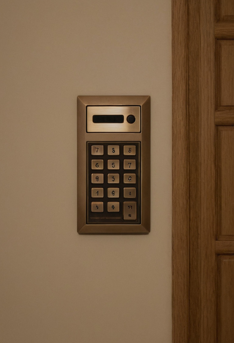 Wall keypad beside a villa bedroom corridor with clearly labeled scenes